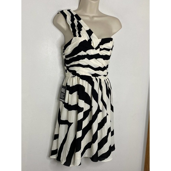 NWT $98 Express Women’s Black White Striped Zebra One Shoulder Flare Dress Sz 2 - Picture 2 of 5